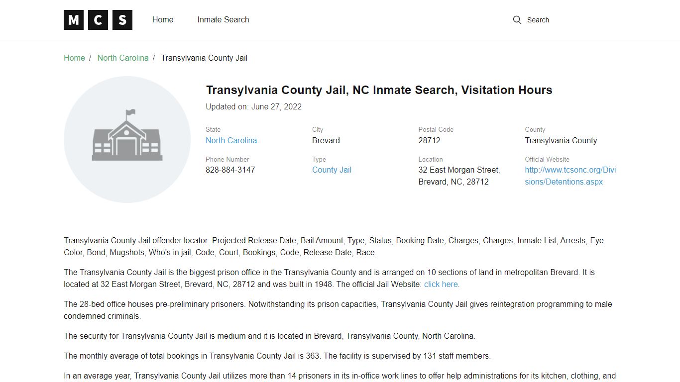 Transylvania County, NC Jail Inmates Search, Visitation Rules